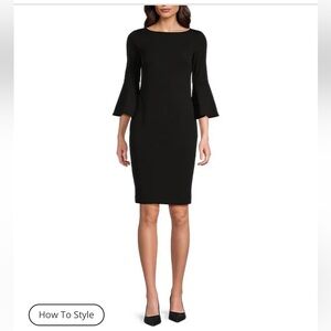 Calvin Klein sz 4 Black Dress flounce bell
sleeve midi exposed gold zipper LBD